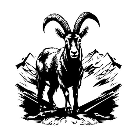 This striking illustration showcases a mountain goat standing confidently against a backdrop of towering mountains, blending nature and artistry in black and white.のイラスト素材
