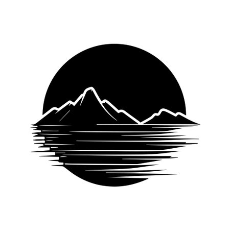 A stunning black and white silhouette design featuring majestic mountains under a circular sun reflection over calm waters, evoking a sense of peace and serenity.のイラスト素材