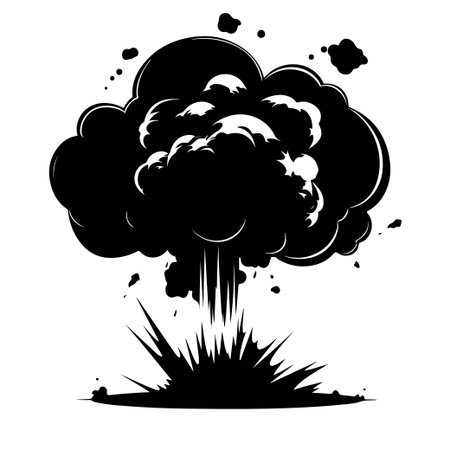 A striking black illustration of an explosion with smoke and fire, showcasing dynamic energy and powerful visual effects, perfect for creative projects.のイラスト素材