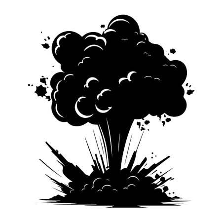 Captivating black silhouette of an explosion featuring smoky clouds and shattering debris, evoking feelings of impact and chaos in a striking graphic design.のイラスト素材