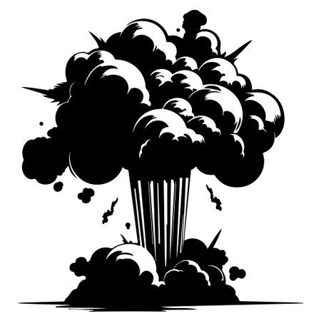 A striking black and white graphic representation of an explosion featuring dramatic smoke and fire effects, perfect for conveying power and chaos in visuals.のイラスト素材