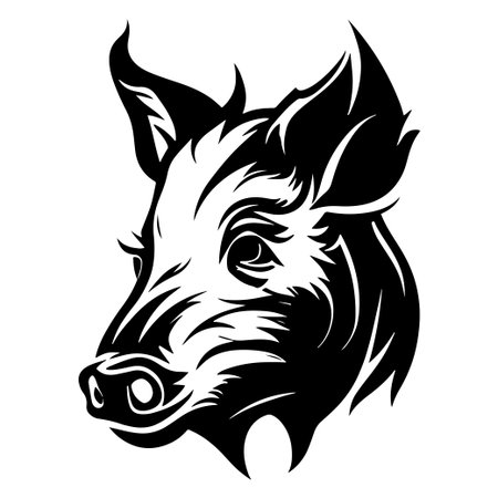 A striking black and white depiction of a wild boar head showcasing intricate fur details and a fierce expression, ideal for wildlife-themed projects.のイラスト素材