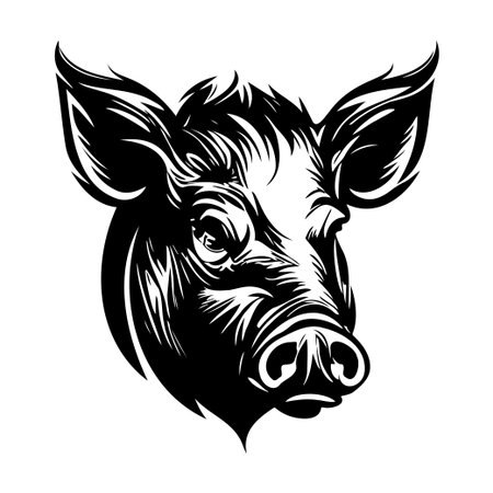An artistic black and white representation of a pig head, ideal for farm-themed graphics. This detailed illustration captures the character and charm of rural life.のイラスト素材