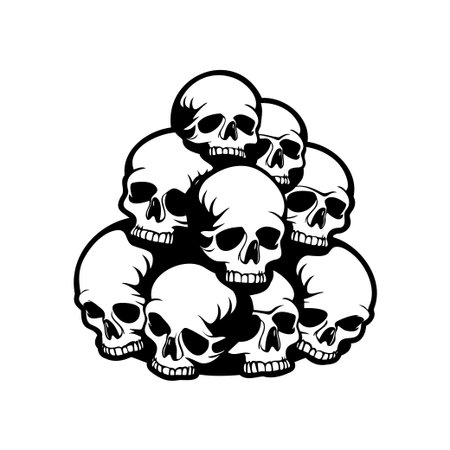 This detailed illustration features a unique arrangement of stacked skulls in a monochrome design, perfect for Halloween, tattoos, and artistic projects.のイラスト素材