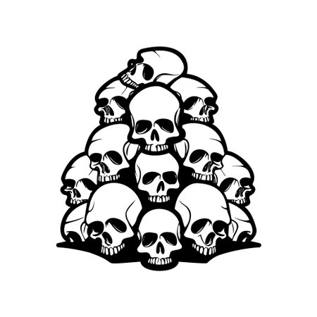 Artistic representation of a pile of skulls in a striking black and white design. Ideal for spooky themes, graphic projects, and creative illustrations with a gothic touch.のイラスト素材