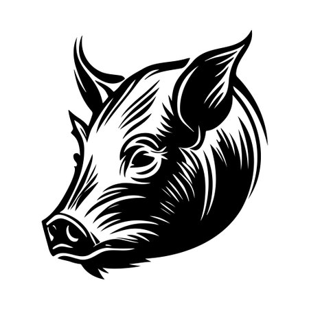 This artistic illustration features a pig's head rendered in black and white, showcasing intricate details and bold lines. Ideal for various creative projects.のイラスト素材