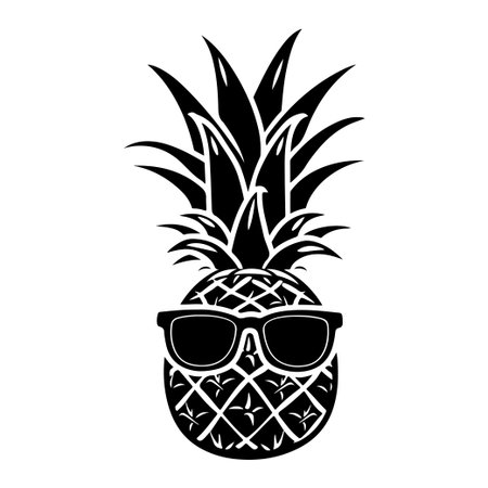 A stylish black and white graphic of a pineapple wearing sunglasses, perfect for summer themes. Fun and playful design adds a whimsical touch to any decor.のイラスト素材