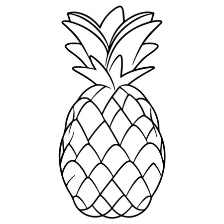 A hand-drawn outline illustration of a pineapple featuring detailed leaves and textures. Ideal for use in creative projects, art designs, and summer-themed materials.のイラスト素材