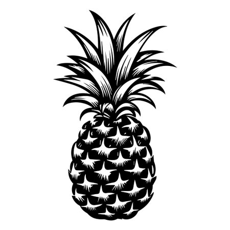 This black and white illustration showcases a pineapple with intricate details, emphasizing its unique leaf structure and textured surface, perfect for artistic uses.のイラスト素材
