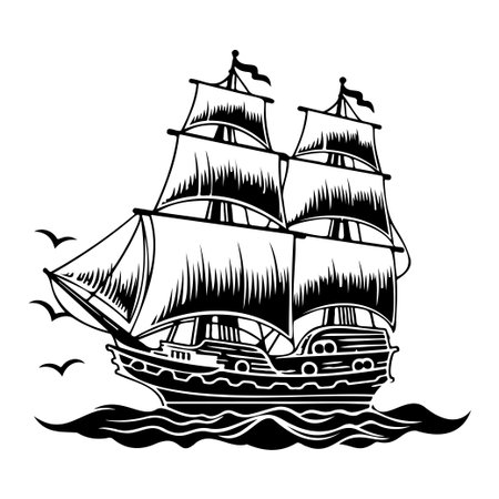 This striking vintage black and white illustration features a majestic sailing ship with full sails navigating the ocean waves, enhanced by birds in flight.のイラスト素材