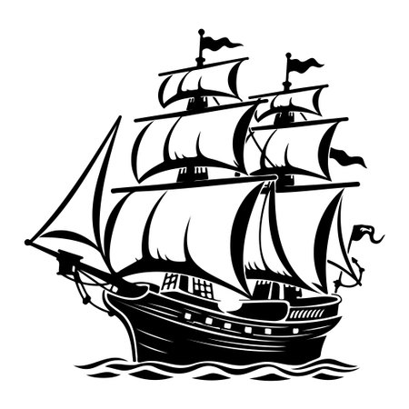 A striking black and white illustration of a vintage sailing ship with three masts and fluttering flags, perfect for maritime-themed designs.のイラスト素材