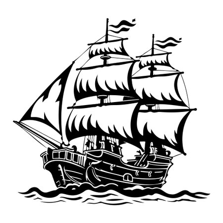 This striking silhouette of a vintage ship gliding through serene waters captures the spirit of adventure and exploration, perfect for nautical-themed projects.のイラスト素材