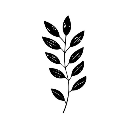 Discover an elegant black silhouette of a leaf branch, perfect for nature-themed designs, illustrations, and modern decorations.のイラスト素材