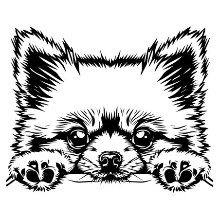 A charming black and white illustration of a Pomeranian, showcasing its big eyes and fluffy ears. Ideal for dog lovers and pet-themed designs.のイラスト素材