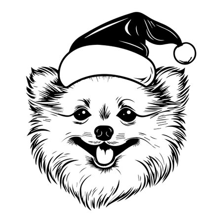 Delight in this charming illustration of a happy Pomeranian dog adorned with a Santa hat, perfect for holiday cheer and seasonal dのイラスト素材