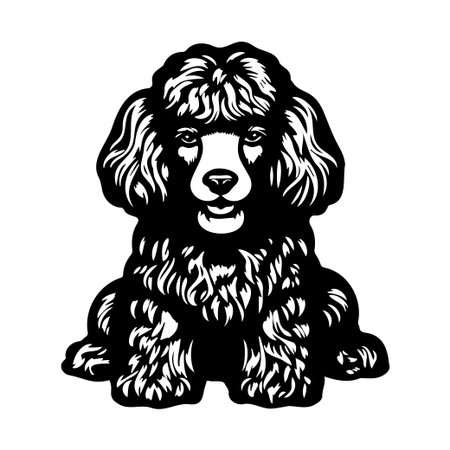 This charming black and white illustration depicts a fluffy dog with curly fur sitting patiently. Its endearing expression captures the essence of a loyal companion, ideal for pet-themed projects or decor.のイラスト素材