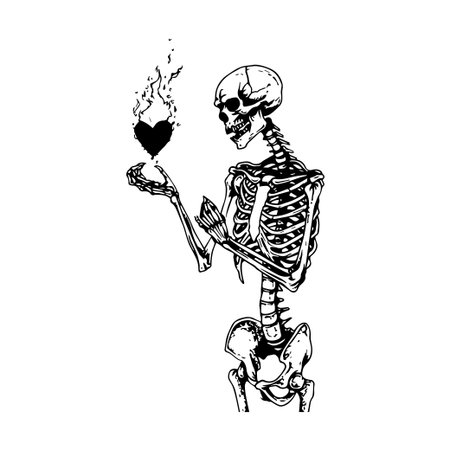 Unique illustration of a skeleton holding a fiery heart, blending spooky and artistic elements for Halloween or medical themes in creative design.のイラスト素材