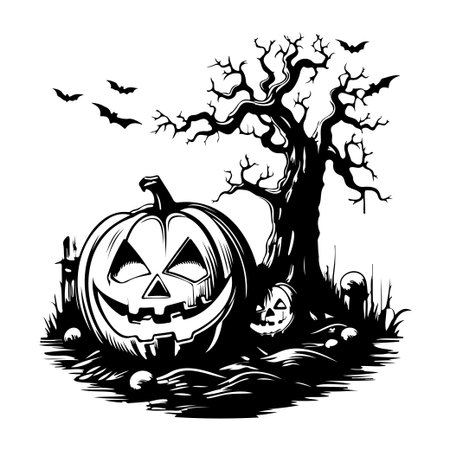 A haunting Halloween illustration featuring a grinning jack-o'-lantern, gnarled tree, bats, and gravestones, perfect for seasonal decor.のイラスト素材