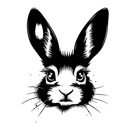 This striking black and white illustration features a rabbit head with large ears and expressive eyes, perfect for art, design, and nature themes.のイラスト素材