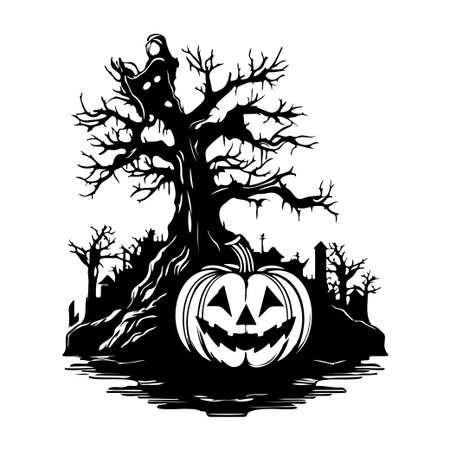 Capture the essence of Halloween with this black and white artwork featuring a haunted tree, a grinning pumpkin, and a chilling silhouette.のイラスト素材