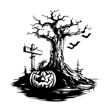 Discover a haunting Halloween scene showcasing a gnarled tree, a carved pumpkin, and silhouetted bats, perfect for seasonal decoration.のイラスト素材