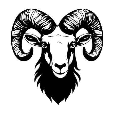 This striking black and white illustration features a ram's head with impressive curved horns, showcasing strength and character for various creative uses.のイラスト素材