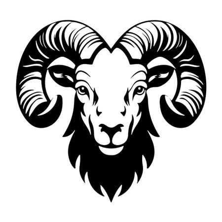 This illustration features a striking black and white ram head with bold horns, symbolizing strength and power, perfect for various creative projects.のイラスト素材