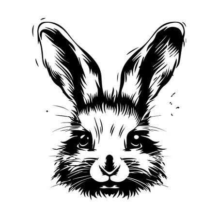 This artistic black and white illustration showcases a rabbit's face with long ears and detailed fur, perfect for creative projects and designs.のイラスト素材