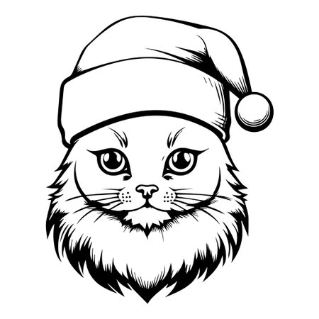 This charming black and white illustration features a cute cat wearing a festive Santa hat, perfect for holiday decorations or Christmas cards.のイラスト素材