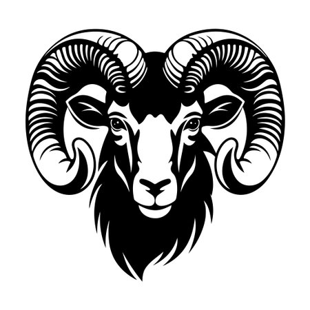 This striking black and white illustration features a ram head, showcasing its impressive curved horns and intricate line details, perfect for various art projects.のイラスト素材
