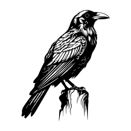 This striking black and white illustration depicts a raven elegantly perched on a tree stump, showcasing intricate details and minimalist design.のイラスト素材