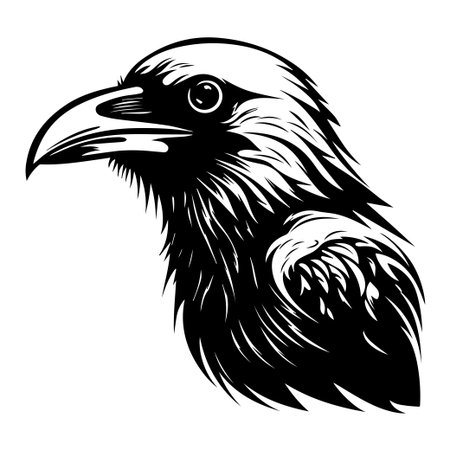 This artwork features a detailed illustration of a bird head showcasing intricate feather patterns in striking black and white contrast. Perfect for art lovers.のイラスト素材