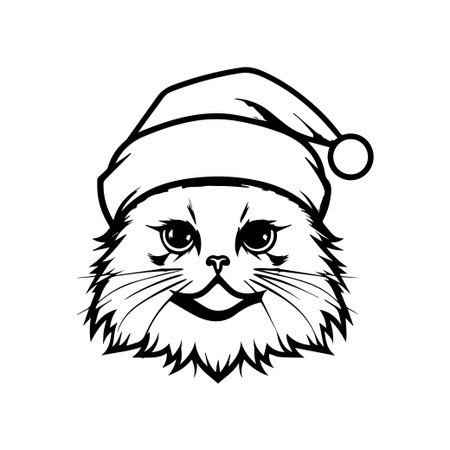 This black and white illustration features a happy cat wearing a Santa hat, perfect for holiday greeting cards, decorations, and festive themes.のイラスト素材