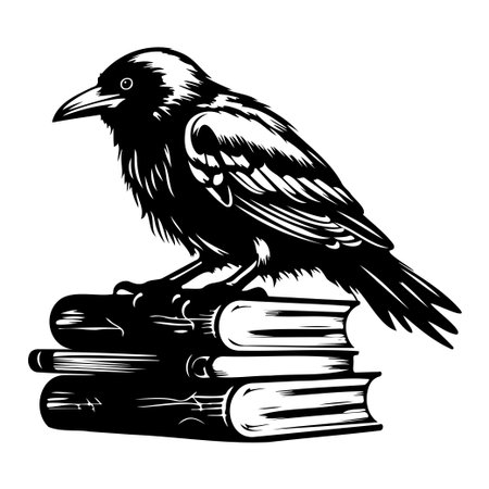 A striking black bird rests on a stack of vintage books, capturing the essence of literature and nature in a detailed artistic illustration.のイラスト素材