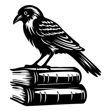 A striking black silhouette of a bird standing on a stack of books, perfect for themes involving literature, education, and creativity.のイラスト素材