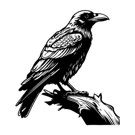 A detailed black silhouette of a crow perched confidently on a branch. The illustration captures the bird's intricate feather details and strong posture.のイラスト素材
