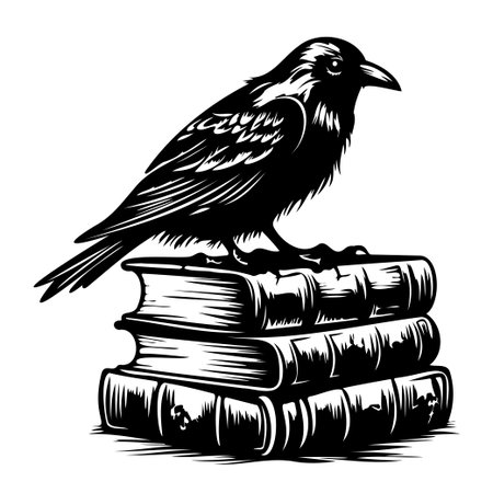 A striking black and white illustration of a raven perched on stacked vintage books, embodying themes of mystery, knowledge, and literature.のイラスト素材