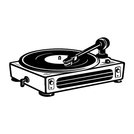 A stylish black and white illustration of a classic record player, perfect for music lovers and retro enthusiasts seeking unique art decor.のイラスト素材