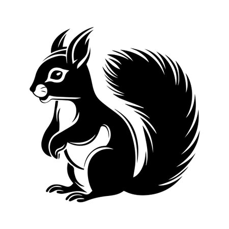 This charming black and white illustration features a squirrel with a bushy tail, perfect for creative projects, logos, and publications.のイラスト素材