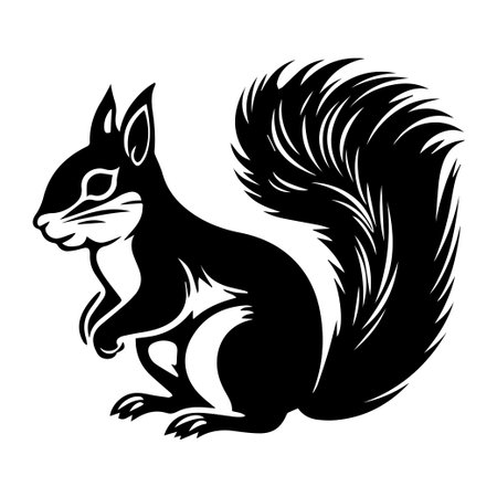 This black silhouette of a squirrel showcases its bushy tail and delicate features, perfect for nature-inspired designs and artistic projects.のイラスト素材