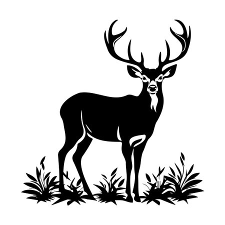 This elegant stag silhouette showcases a majestic deer standing gracefully among detailed foliage, perfect for nature-themed projects and illustrations.のイラスト素材