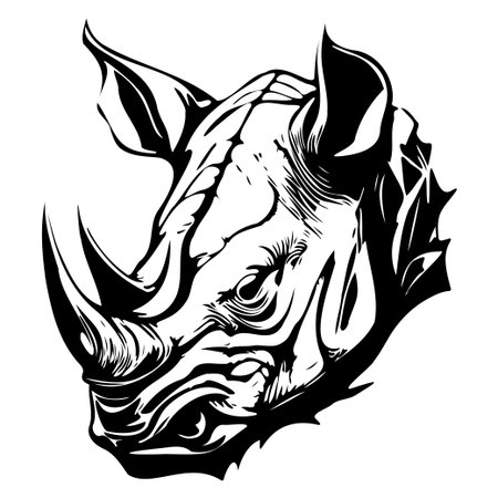 Artistic black and white illustration of a rhinoceros head, showcasing intricate details and textures, ideal for wildlife art enthusiasts.のイラスト素材