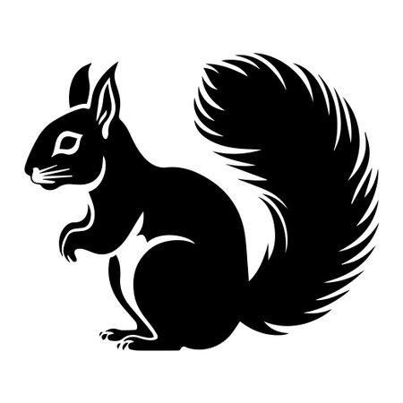 This elegant black silhouette of a squirrel features a fluffy tail and minimalistic design, perfect for artistic projects and nature themes.のイラスト素材