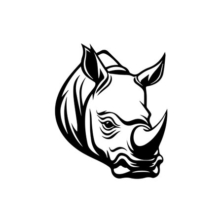 This striking black and white illustration of a rhinoceros head emphasizes the animal's power and elegance, ideal for wildlife-related projects.のイラスト素材