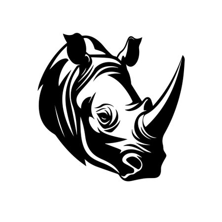This stylized illustration showcases a rhinoceros head in a bold black and white design, perfect for creative projects and artistic applications.のイラスト素材