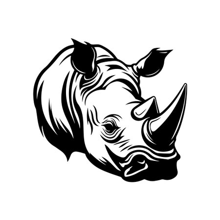 This striking black and white illustration captures the essence of a rhinoceros head, showcasing its powerful features and unique characteristics. Perfect for artistic projects.のイラスト素材