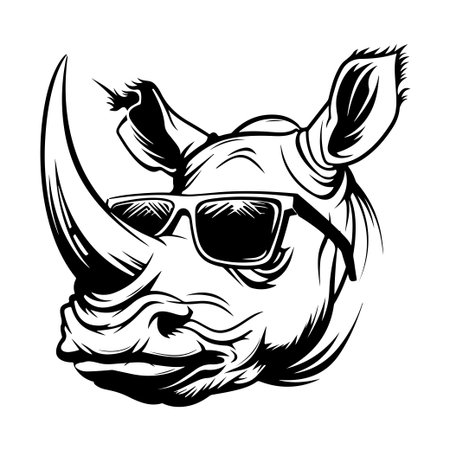 Capture the essence of cool with this striking black and white line art illustration of a rhinoceros in sunglasses, perfect for various creative applications.のイラスト素材