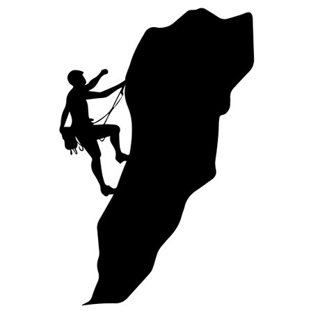 A striking silhouette of a male rock climber scaling a steep cliff face, embodying the spirit of adventure, risk, and physical challenge in outdoor sports.のイラスト素材