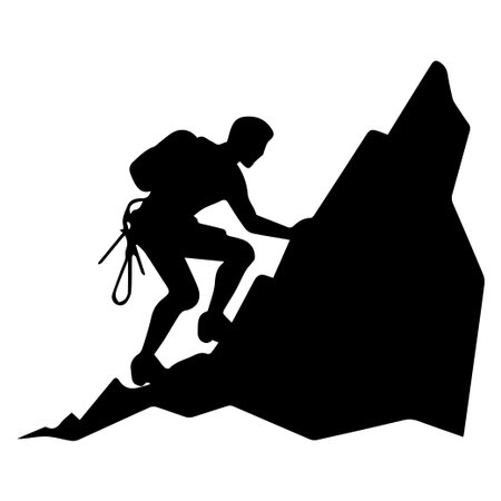 A striking silhouette of a climber conquering a steep mountain peak symbolizes adventure and determination in an inspiring outdoor landscape.のイラスト素材