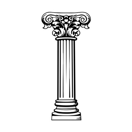 A classic Corinthian pillar illustrated in black and white showcases intricate details and elegant lines, ideal for architectural themes.のイラスト素材